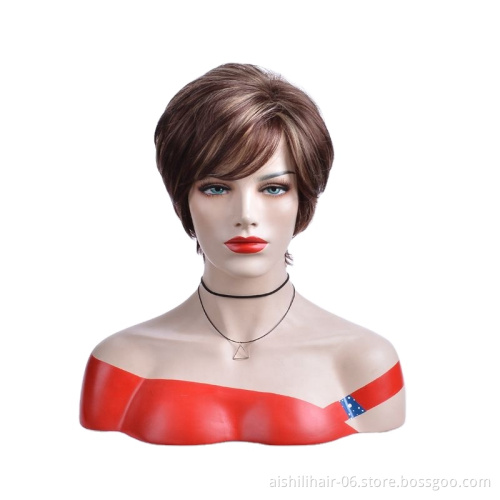 Aishili Brown Mixed Color Hair Short Bob Hair Synthetic Wigs Natural Wave Hair For Mature Office Women